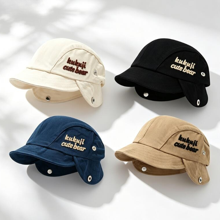 Baby Hat Beanie - 2026 秋ベビー耳介帽子かわいいポンポン幼児ビーニーキャップ無地文字刺繍キッズボーイズガールズ耳保護キャップ