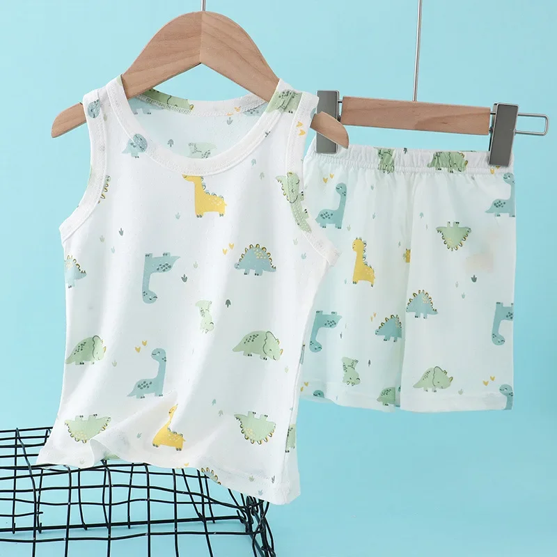 Baby Clothing Patterns - 子供竹綿ベストスーツ夏薄いノースリーブ服かわいい漫画プリント赤ちゃん男の子女の子 2 ピース衣装子供服