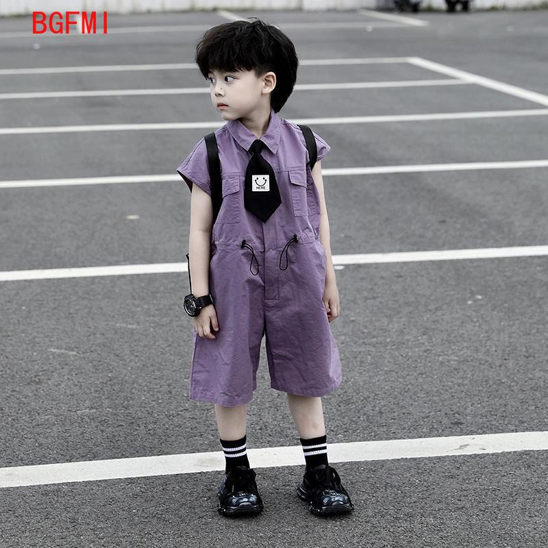 Baby Clothing Boy - キッズサマーショーツオーバーオールカプリボーイズパープルパンツとネクタイ服男の子ベビージャンプスーツ1-10Y半袖子供服