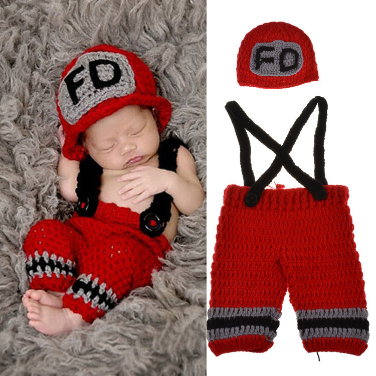 Baby Clothing Boy - 手作りかぎ針編み新生児男の子写真撮影服消防士消防士コスチュームデザイン0-3ヶ月赤黄色