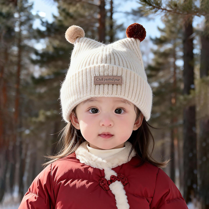 Baby Hat Beanie - 1-4 年ベビーニット帽子かわいいダブルぬいぐるみボールプルオーバーキャップ抗寒暖かい子供耳保護ウール帽子冬子供ビーニー