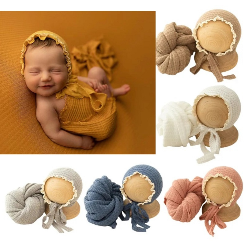 Baby Hat Beanie - ニットベビービーニーキャップ少年少女レース帽子 + ストレッチラップブランケット新生児の写真の小道具ボンネット写真撮影ブランケット