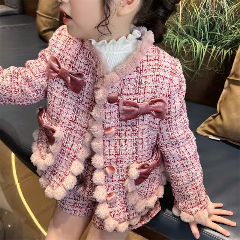 Baby Clothing Designer - 女の子のツイードコートとショーツセット、子供の柔らかい暖かい服、愛らしい衣装、pompomデザイン、秋、冬、10代、2〜7歳