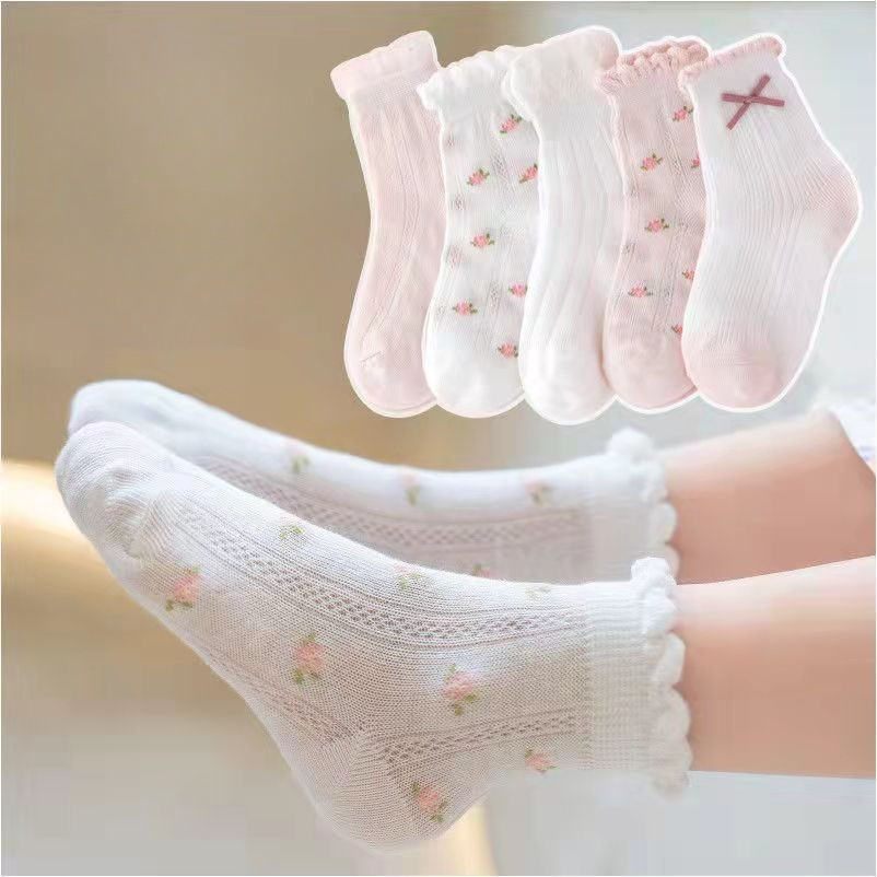 女の子の靴下かわいい花柄子供靴下 5 ペア/ロット春夏綿子供 - Baby Clothing Patterns のレビューと価格