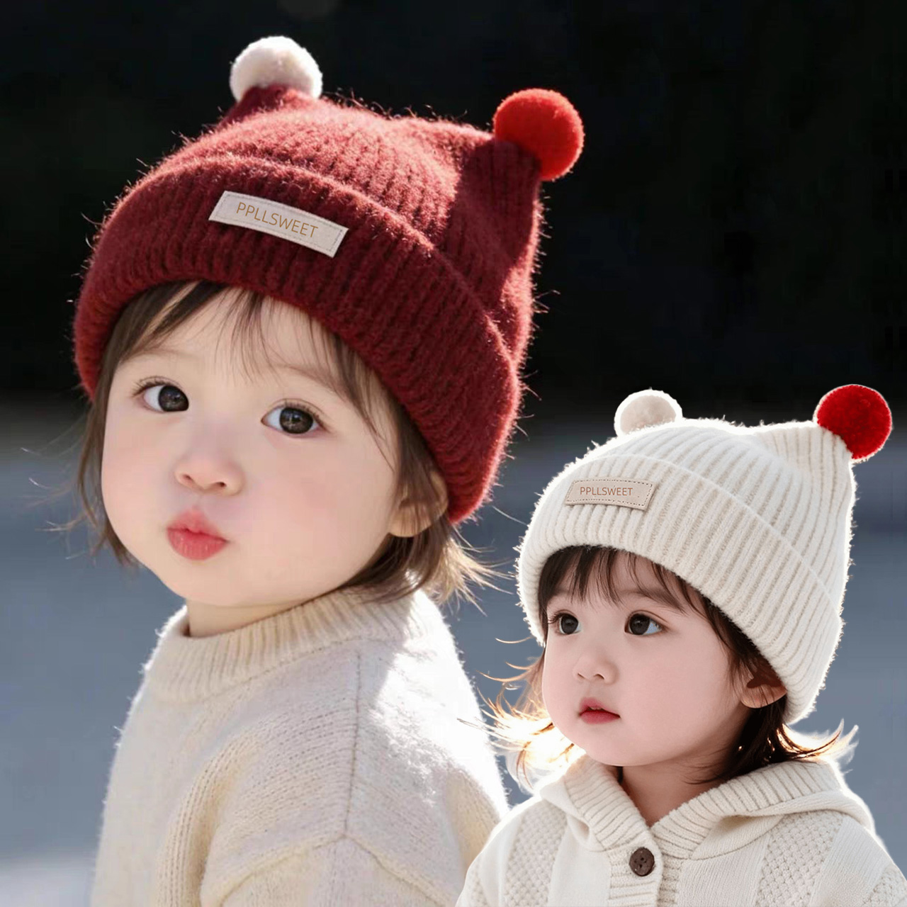 1-4 年ベビーニット帽子かわいいダブルぬいぐるみボールプル - Baby Hat Beanie のレビューと価格